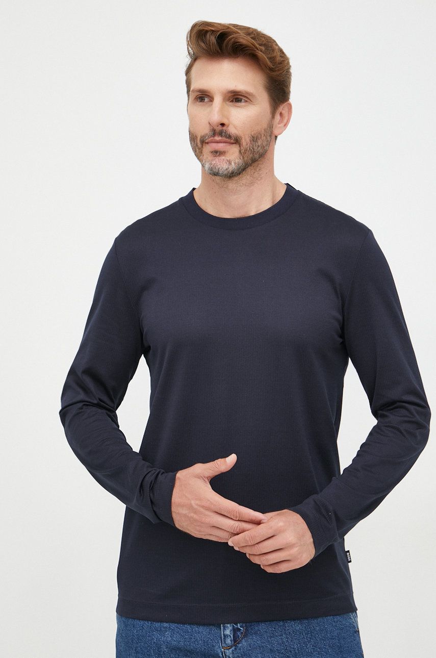 Bavlněné tričko s dlouhým rukávem BOSS tmavomodrá barva - námořnická modř -  Materiál č. 1: 100