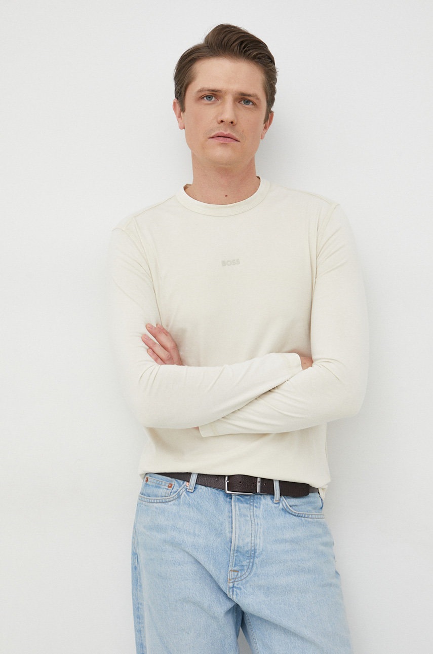 

Памучна блуза с дълги ръкави BOSS BOSS CASUAL в черно с изчистен дизайн, Бежов
