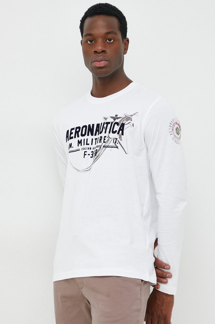 Aeronautica militare longsleeve din bumbac culoarea alb, cu imprimeu