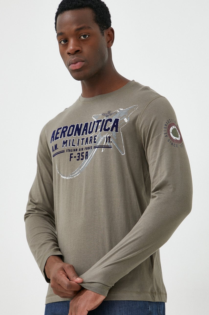 Aeronautica militare longsleeve din bumbac culoarea verde, cu imprimeu