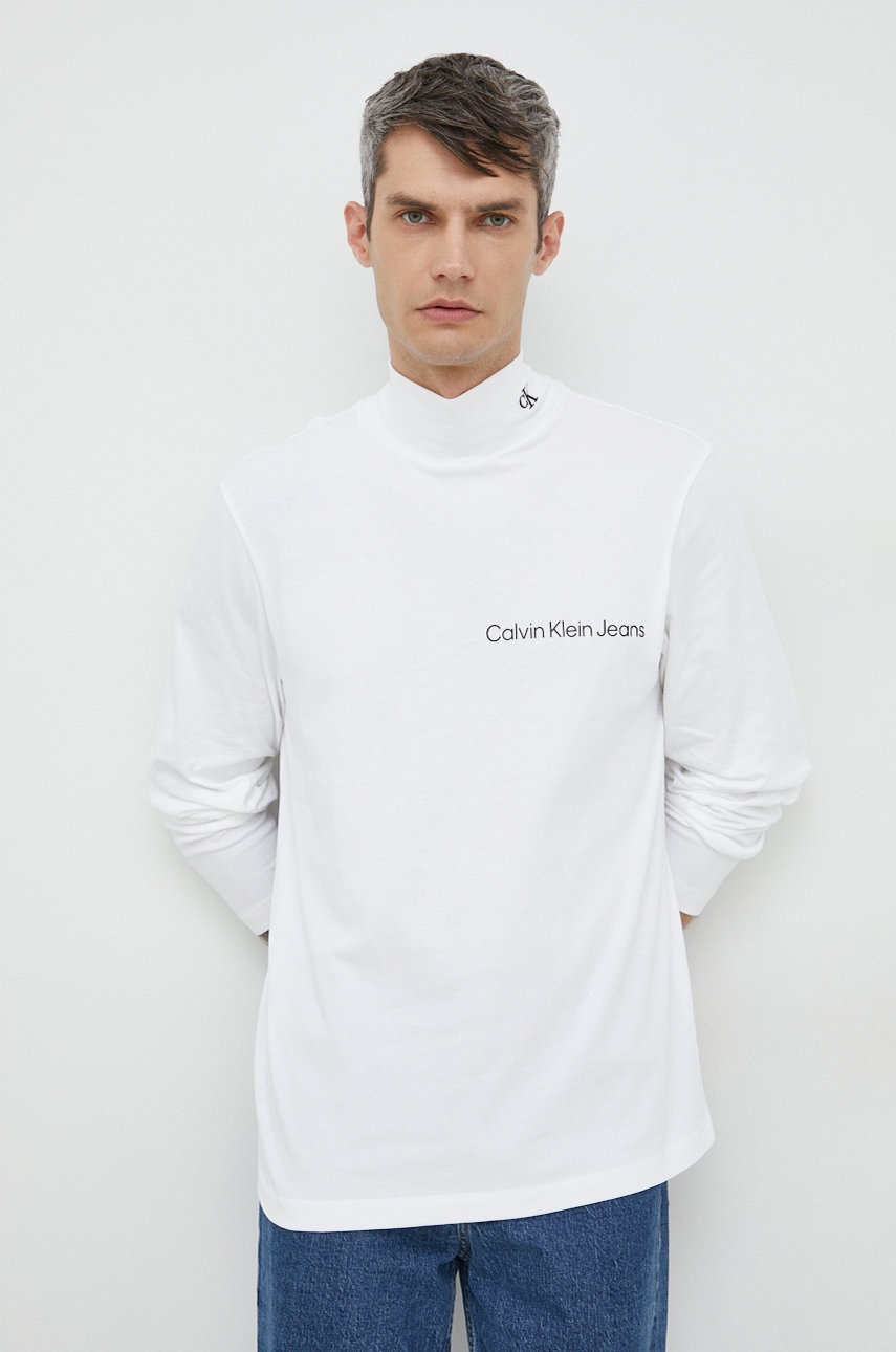 

Памучна блуза с дълги ръкави Calvin Klein Jeans в бяло с принт, Бял