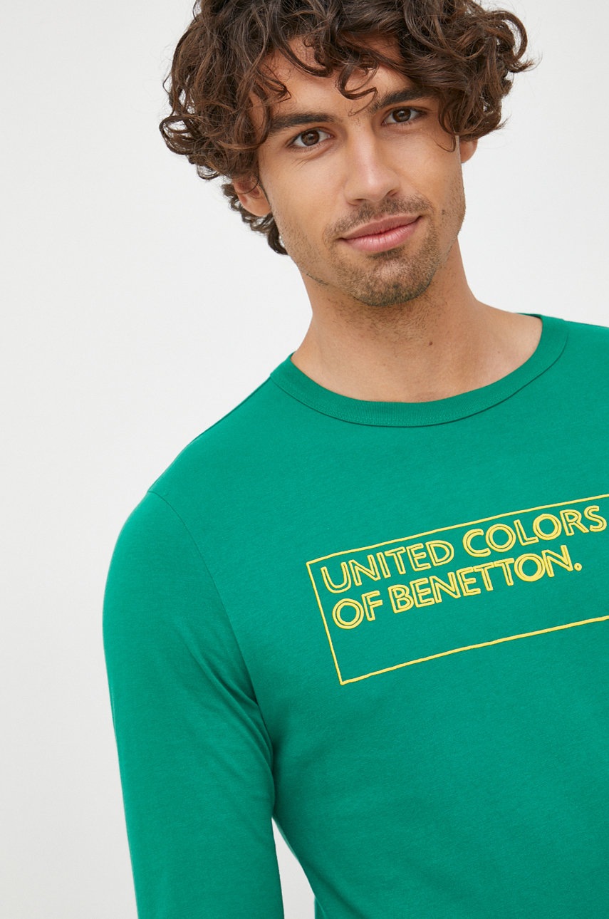 

Памучна блуза с дълги ръкави United Colors of Benetton в зелено с принт, Зелен