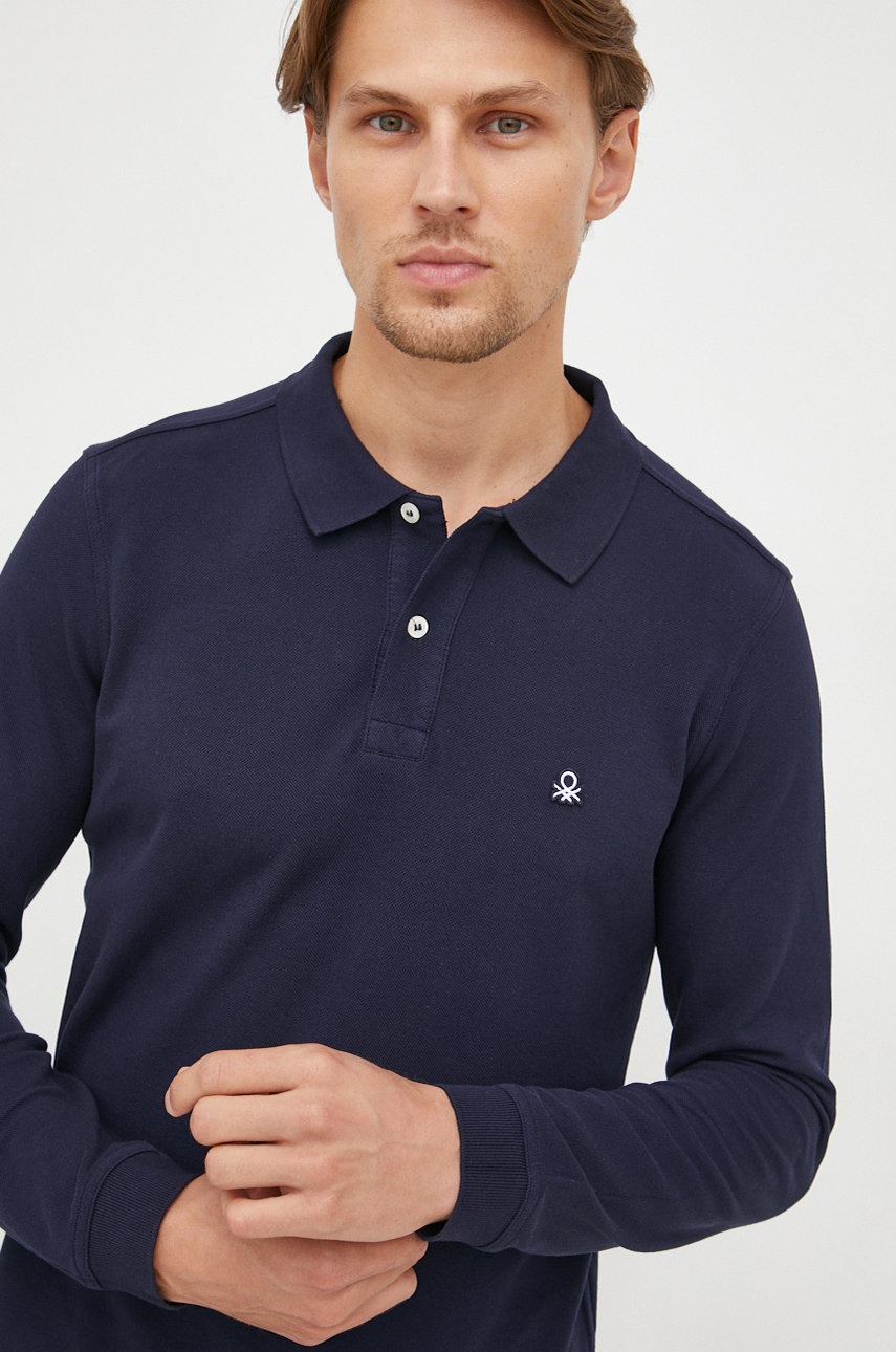 

Памучна блуза с дълги ръкави United Colors of Benetton в тъмносиньо с изчистен дизайн, Тъмносин