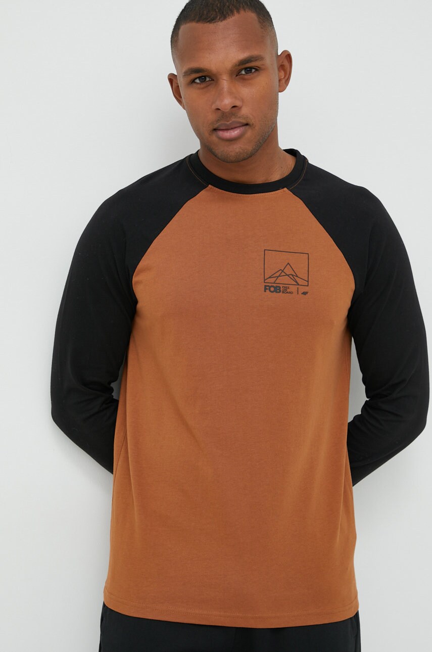 4f longsleeve din bumbac culoarea bej, cu imprimeu