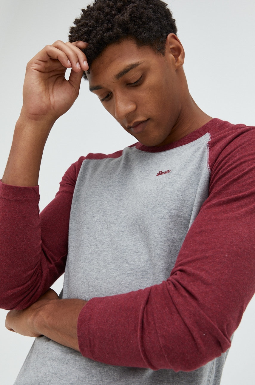 Superdry longsleeve din bumbac culoarea gri, neted