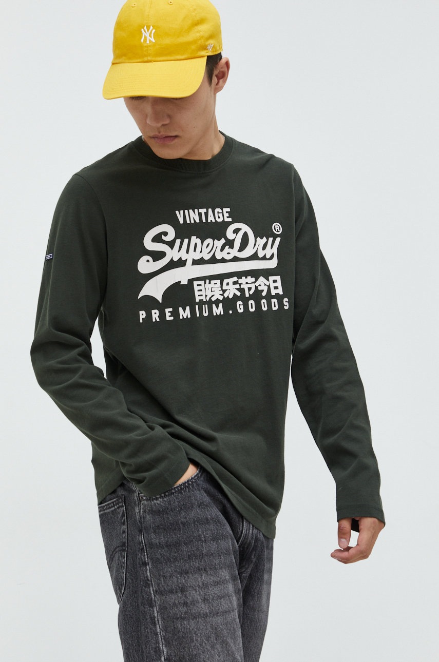 

Памучна блуза с дълги ръкави Superdry в зелено с принт, Зелен