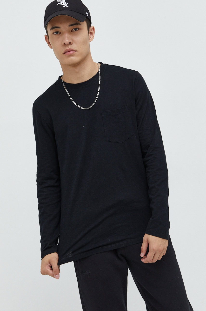 Superdry longsleeve din bumbac culoarea negru, neted