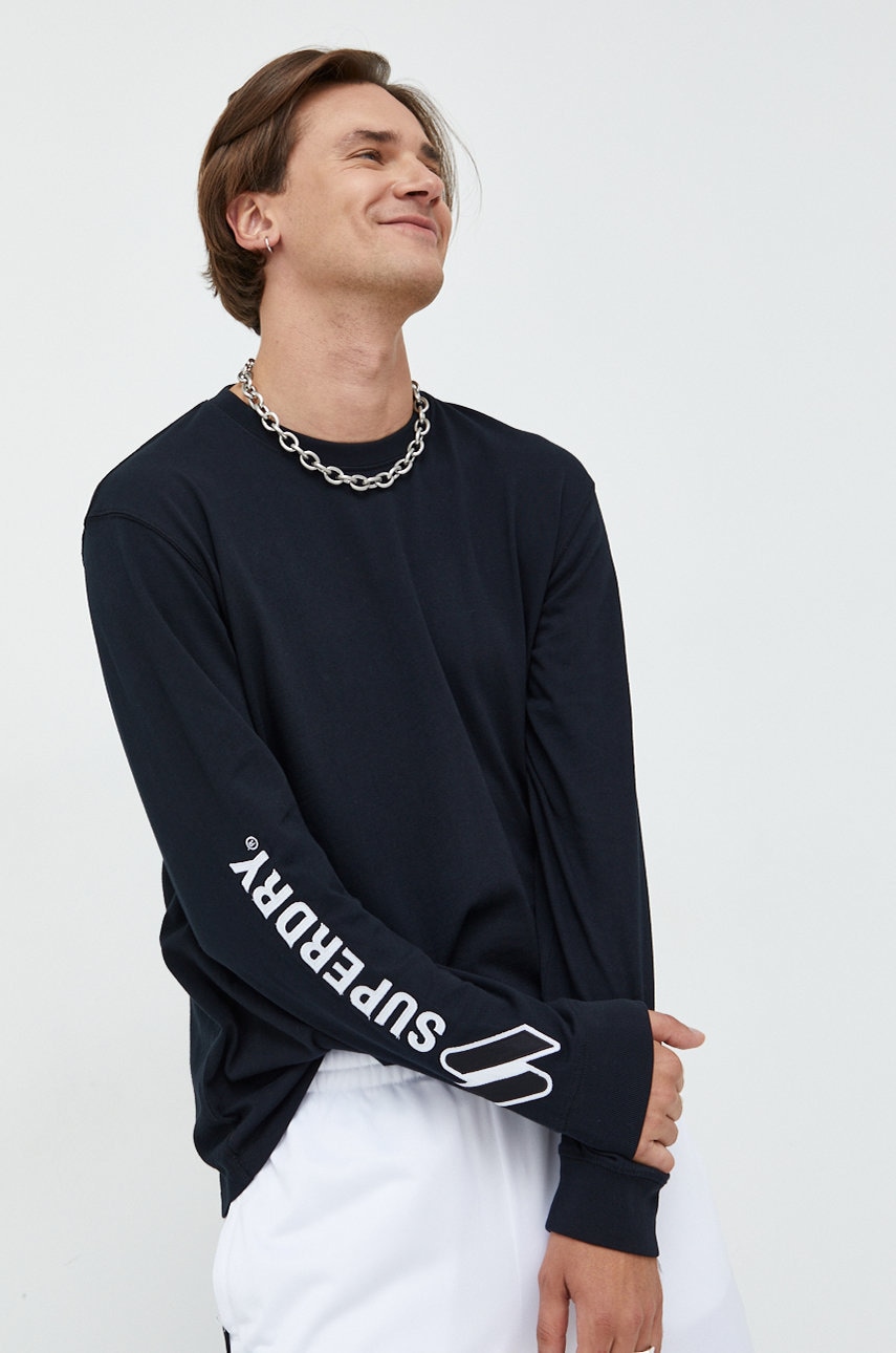 Superdry longsleeve din bumbac culoarea negru, cu imprimeu