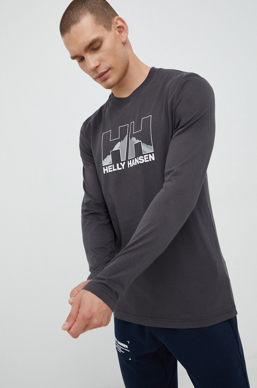 Helly hansen longsleeve barbati, culoarea gri, cu imprimeu
