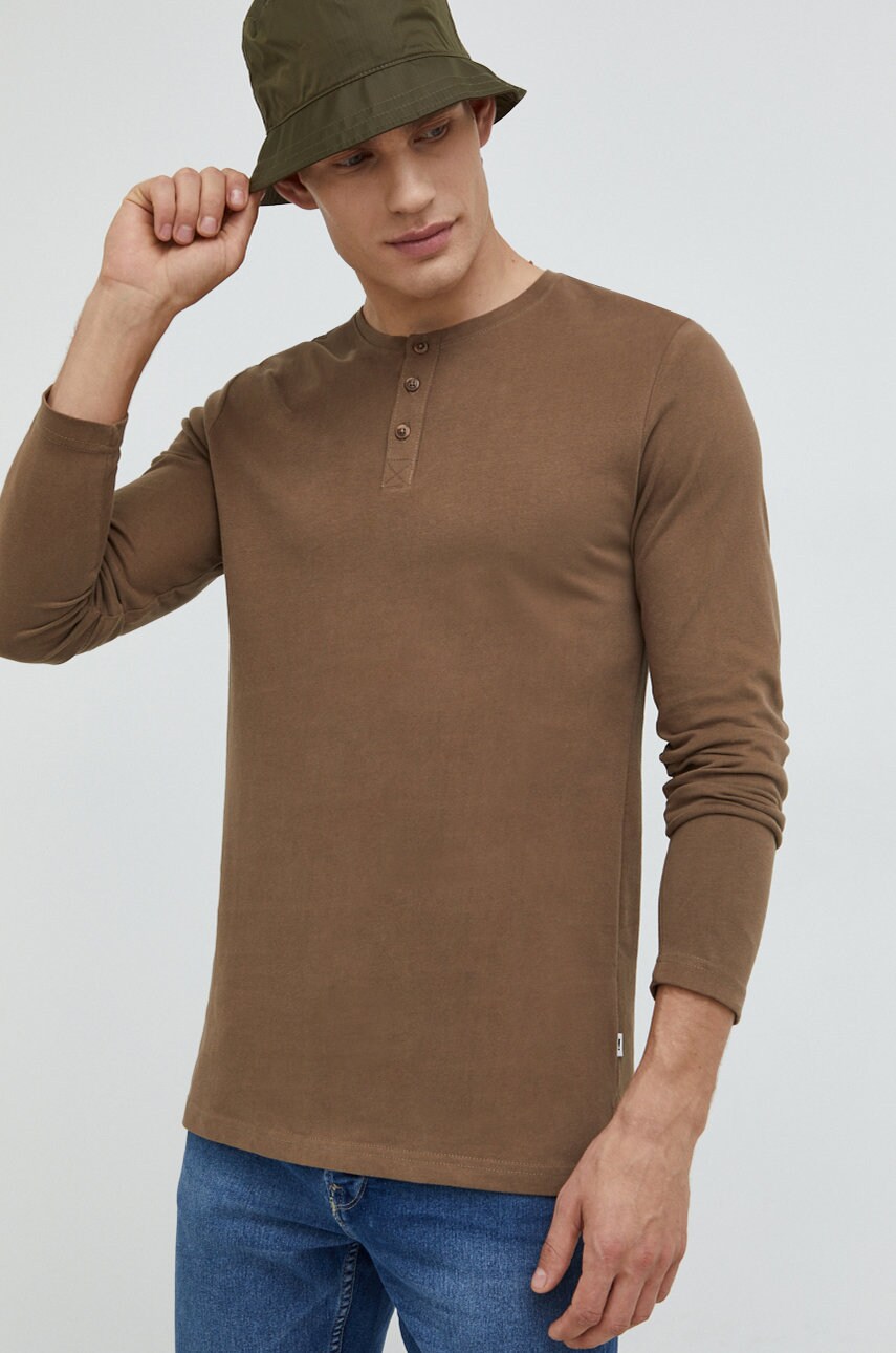 Solid longsleeve din bumbac culoarea maro, neted