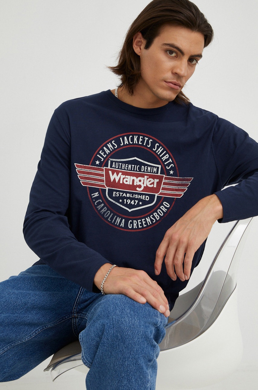 

Памучна блуза с дълги ръкави Wrangler в тъмносиньо с принт, Тъмносин