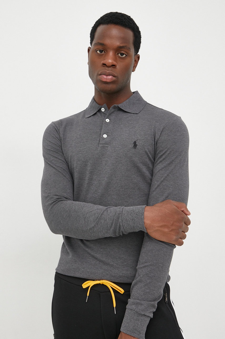 

Памучна блуза с дълги ръкави Polo Ralph Lauren в сиво с изчистен дизайн, Сив