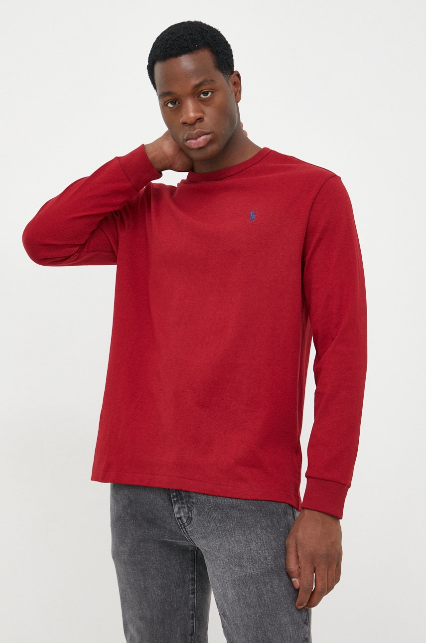Памучна блуза с дълги ръкави Polo Ralph Lauren в червено с изчистен дизайн, Червен