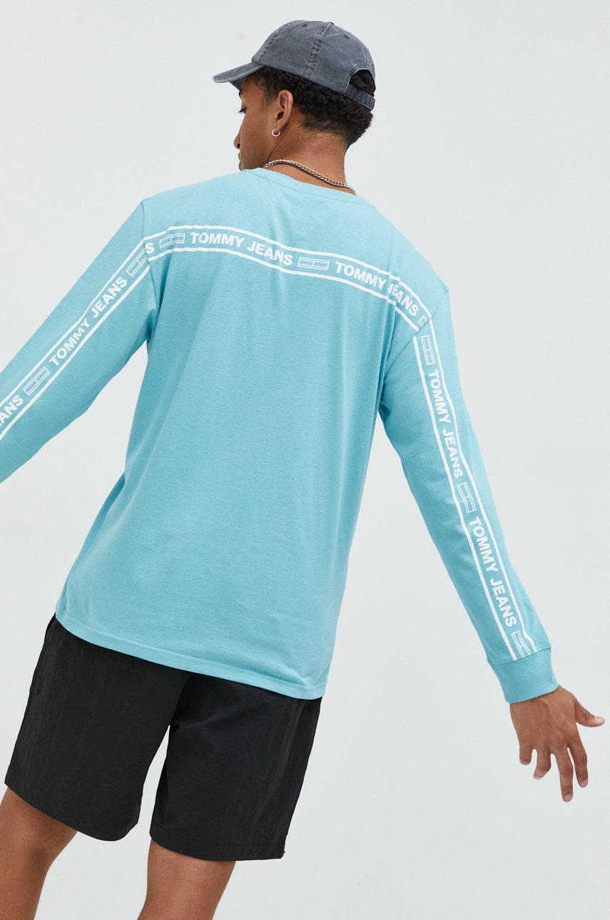 Tommy jeans longsleeve din bumbac culoarea turcoaz, cu imprimeu