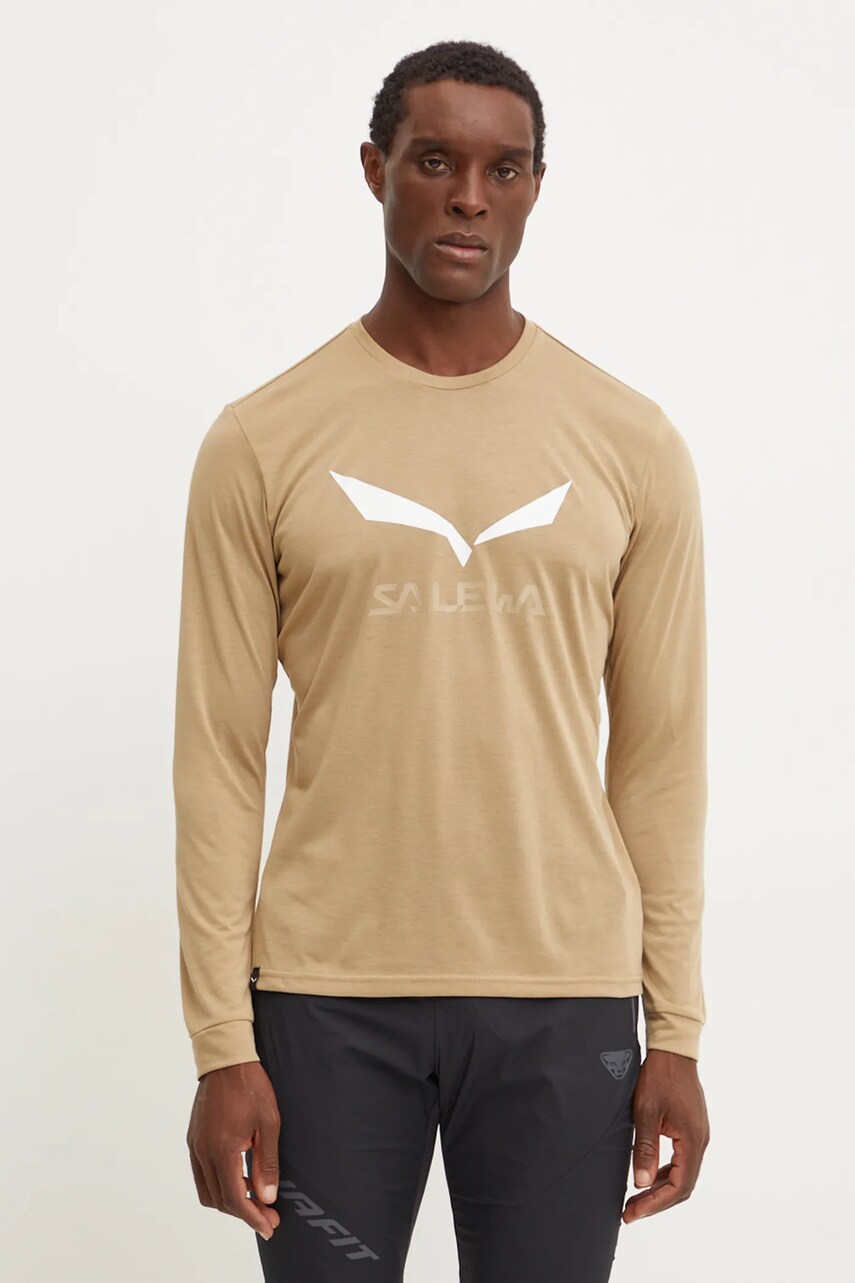 Salewa longsleeve sport Solidlogo culoarea bej, cu imprimeu