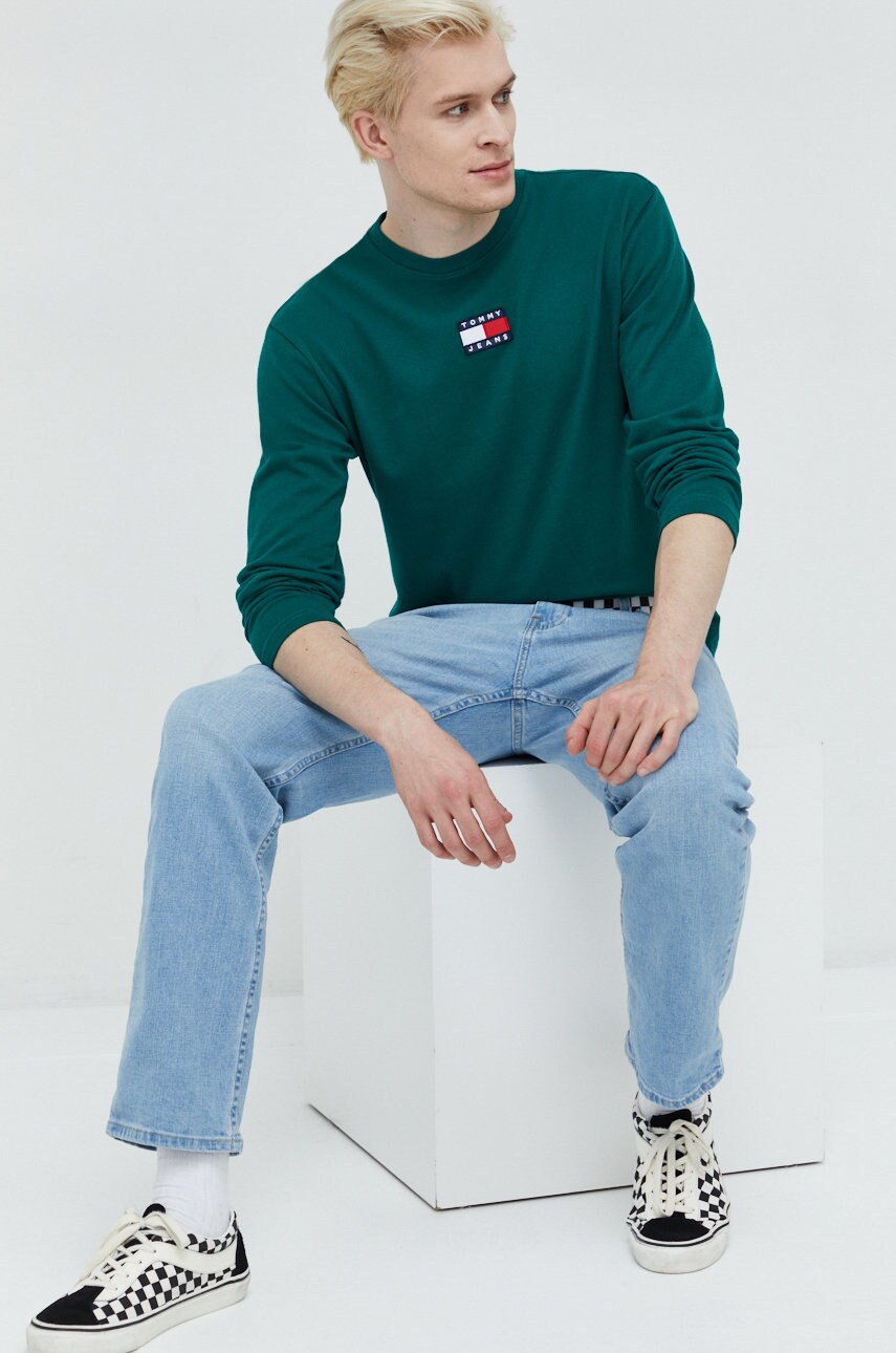 Tommy jeans longsleeve din bumbac culoarea verde, cu imprimeu