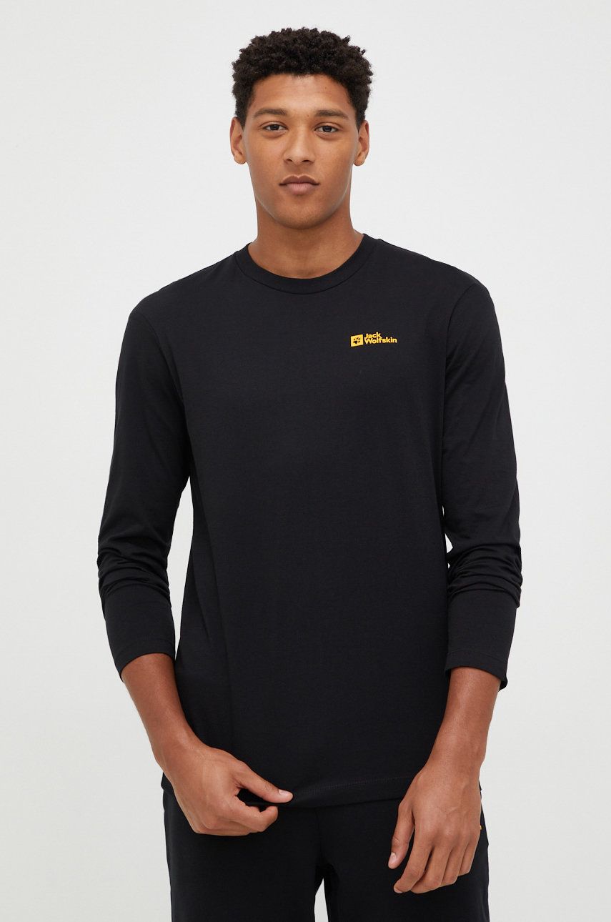 Bavlněné tričko s dlouhým rukávem Jack Wolfskin Essential černá barva - černá -  100% Organická