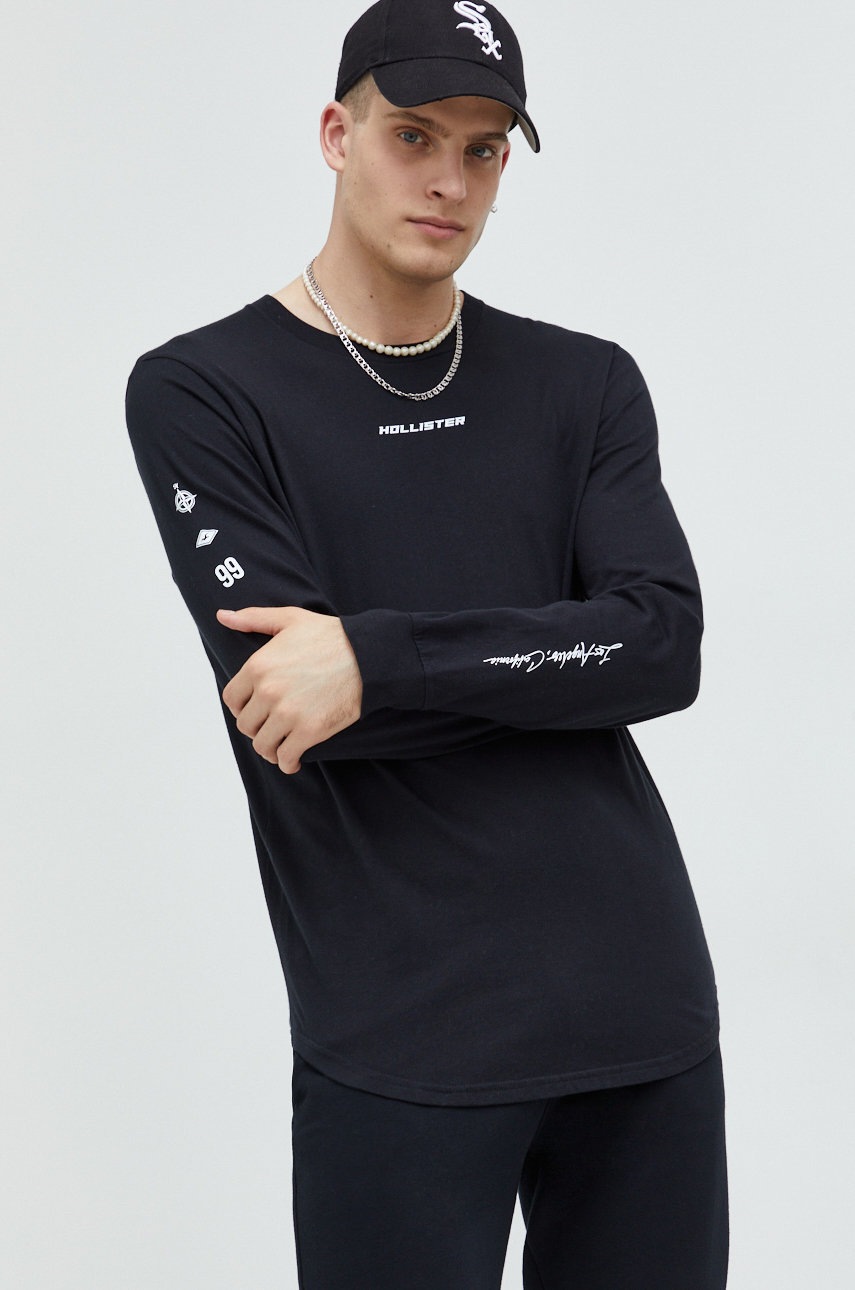 

Памучна блуза с дълги ръкави Hollister Co. в черно с принт, Черен