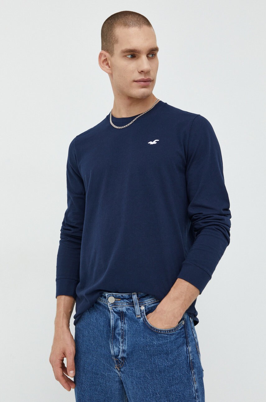 Hollister co. longsleeve din bumbac culoarea albastru marin, neted