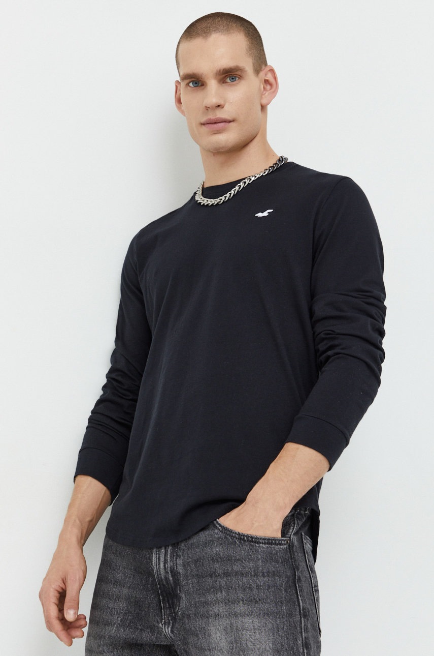 

Памучна блуза с дълги ръкави Hollister Co. в черно с изчистен дизайн, Черен