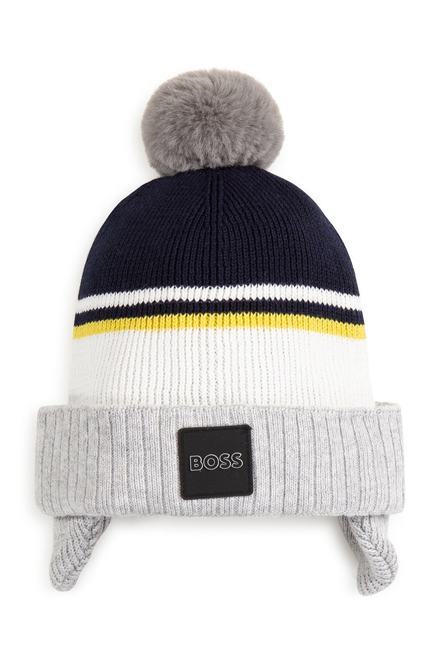 

Детска шапка BOSS в сиво от плътен трикотаж, Сив