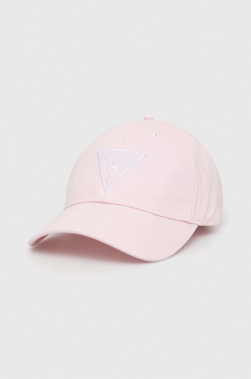 

Памучна шапка Guess в розово с апликация, Розов