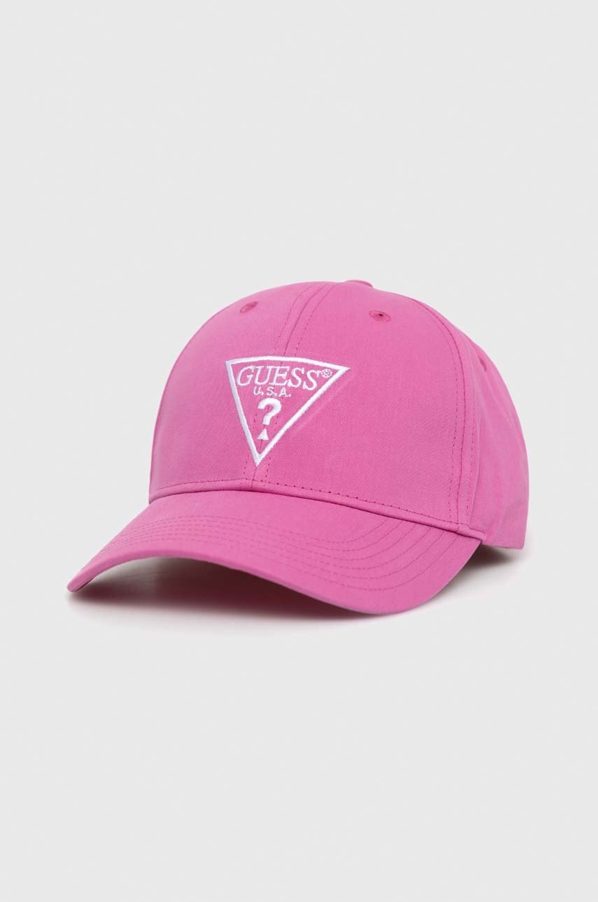

Бавовняна шапка Guess колір рожевий з аплікацією