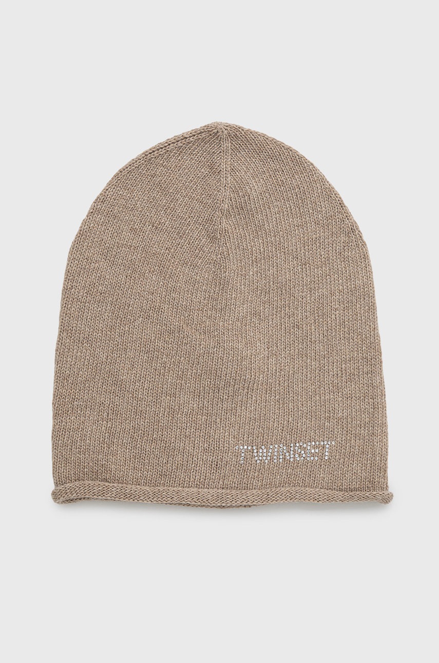 

Вълнена шапка Twinset в бежово с фина плетка от вълна, Бежов