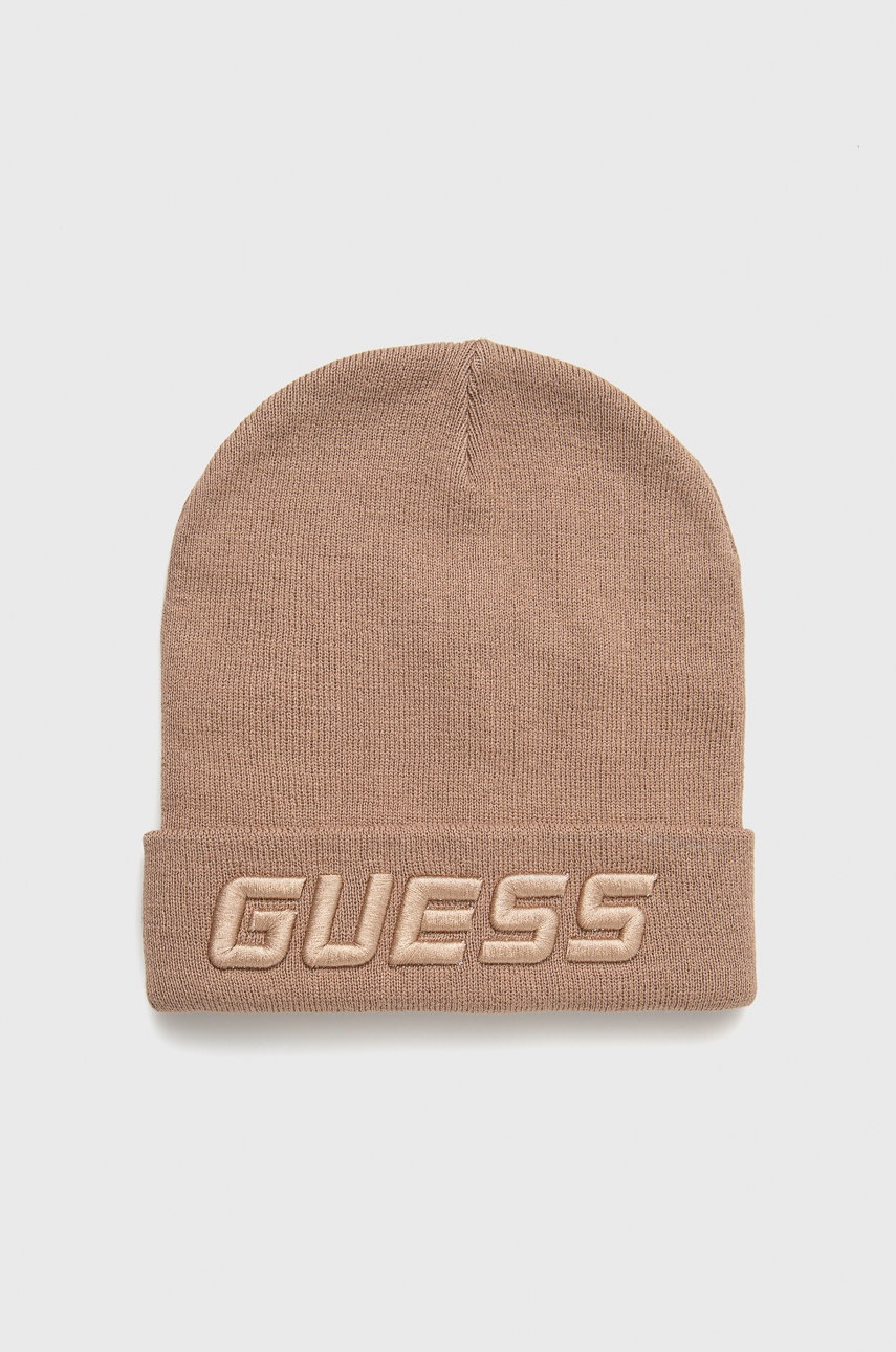 

Шапка Guess в бежово от плътен трикотаж, Бежов