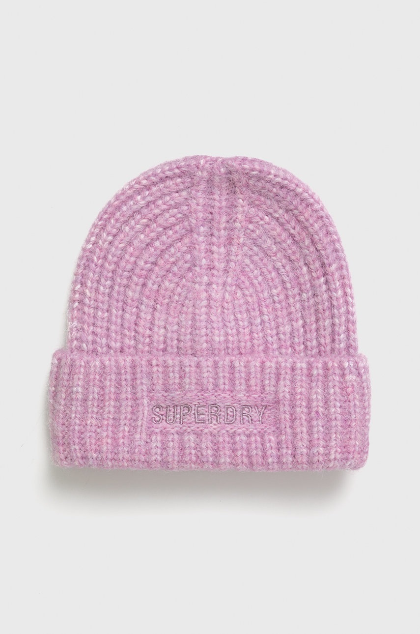 

Шапка с вълна Superdry в розово от плътен трикотаж, Розов