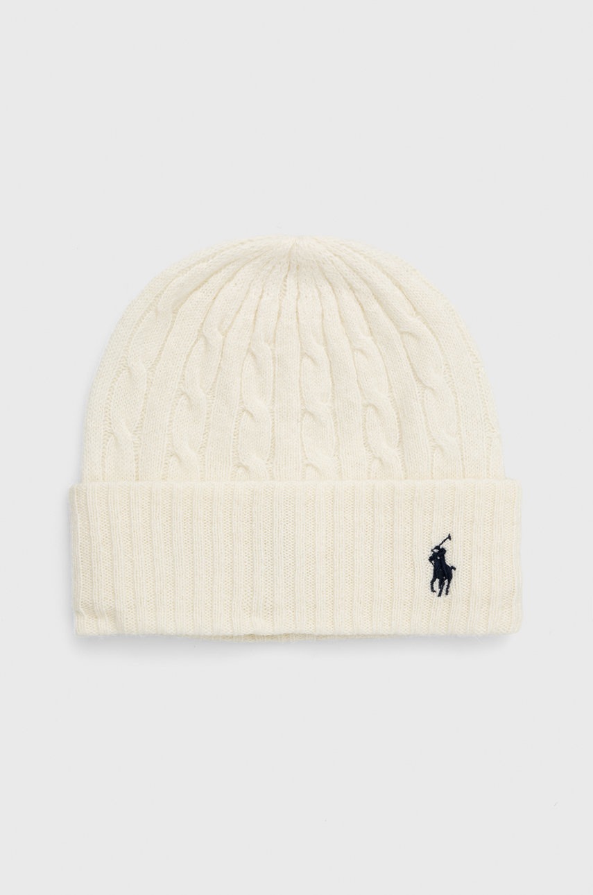 

Вълнена шапка Polo Ralph Lauren в бежово с фина плетка от вълна, Бежов