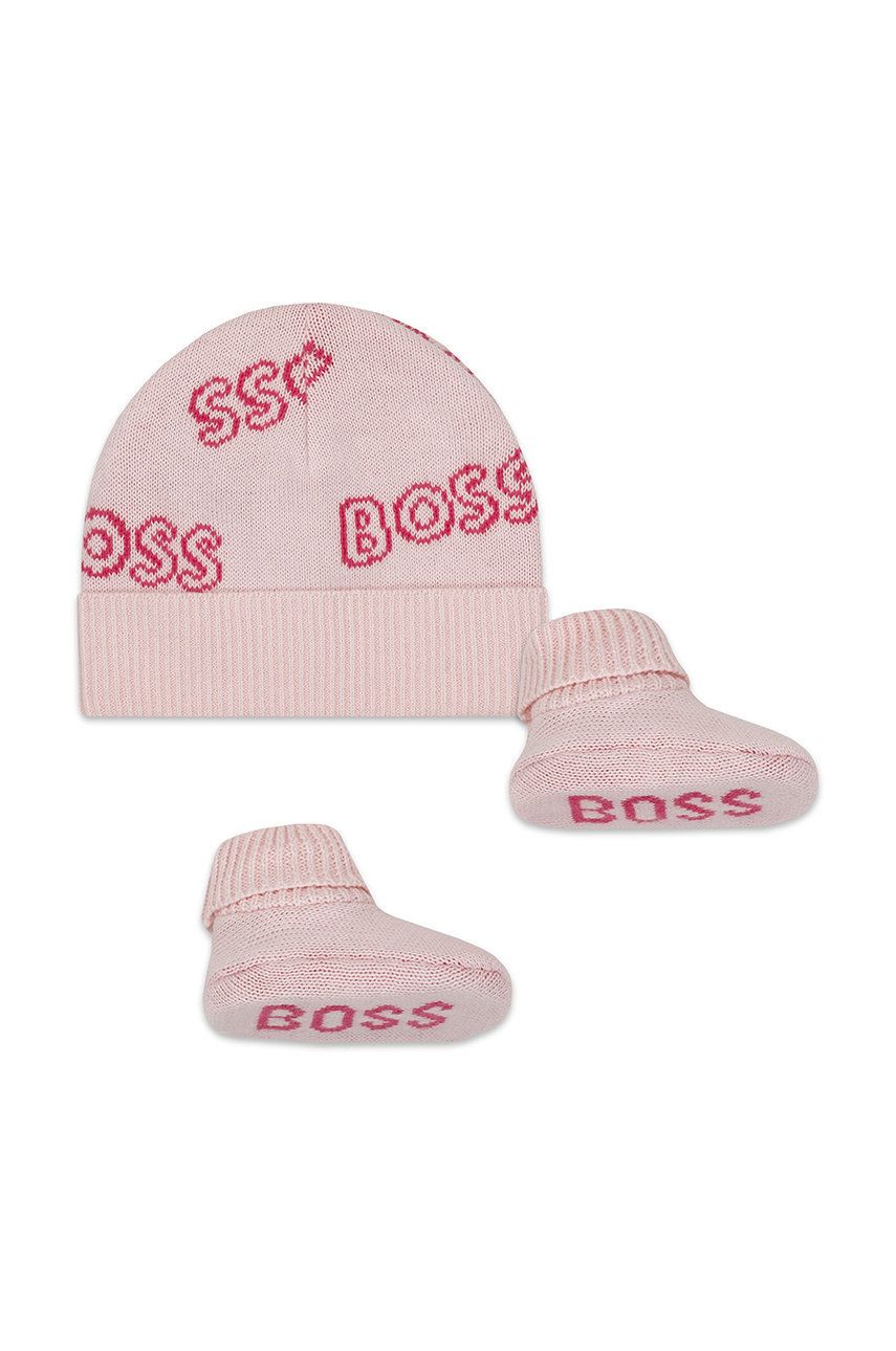 Dětská bavlněná čepice BOSS růžová barva, z tenké pleteniny - růžová -  100% Bavlna