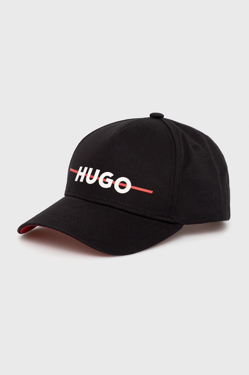 

Памучна шапка HUGO в черно с принт, Черен