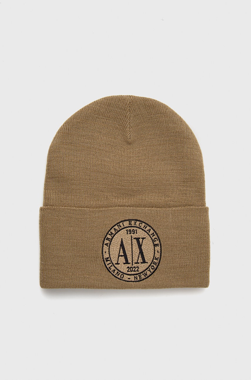 Armani Exchange caciula culoarea bej, din tricot gros