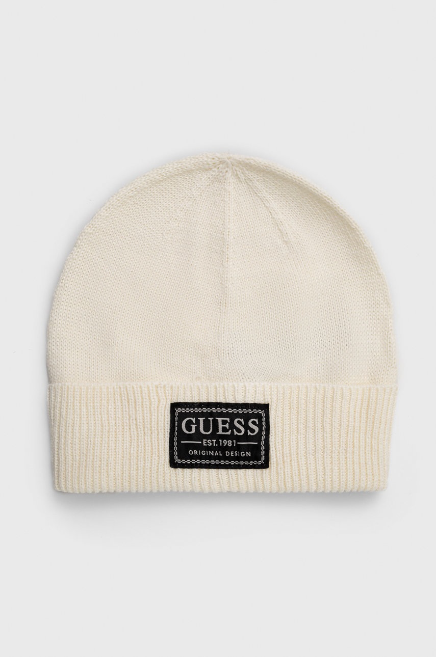 

Шапка с вълна Guess в бежово с фина плетка, Бежов