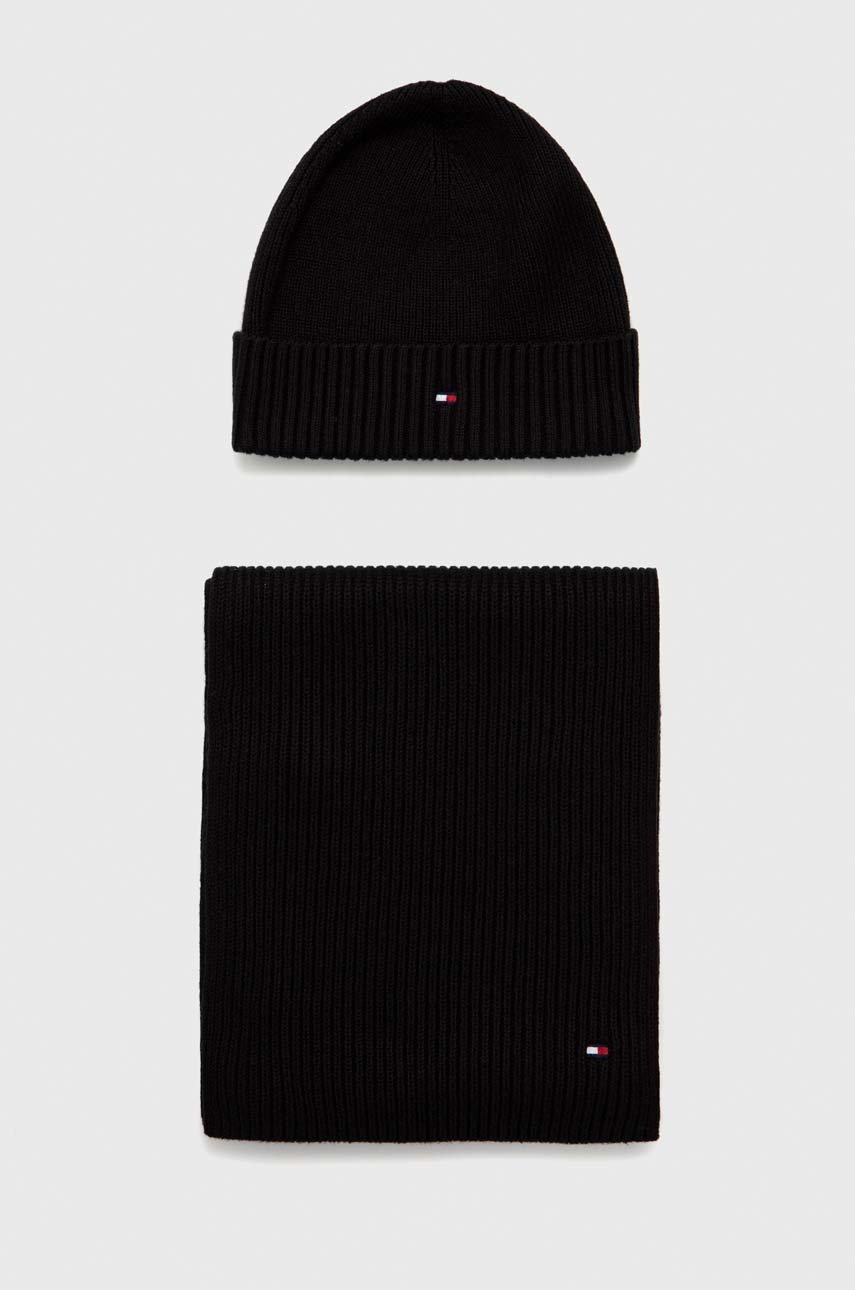 

Шапка и шал с кашмир Tommy Hilfiger в черно, Черен