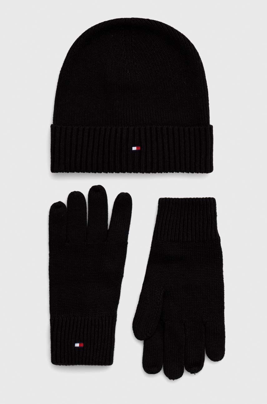 Čepice a rukavice Tommy Hilfiger černá barva - černá -  95% Bavlna