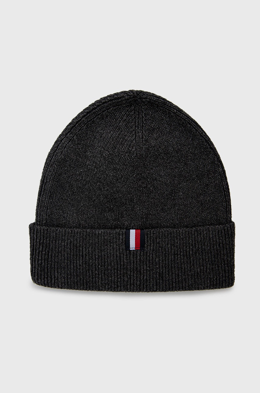 

Вълнена шапка Tommy Hilfiger в сиво с фина плетка от вълна, Сив