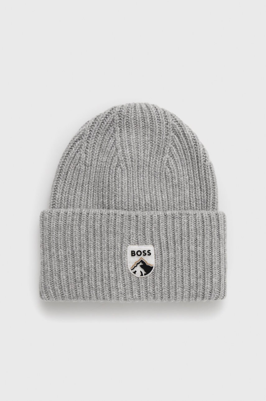 Boss caciula din amestec de lana culoarea gri, din tricot gros