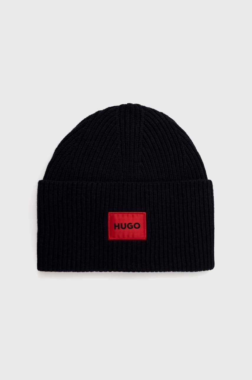 HUGO caciula de lana culoarea albastru marin, de lana, din tricot gros