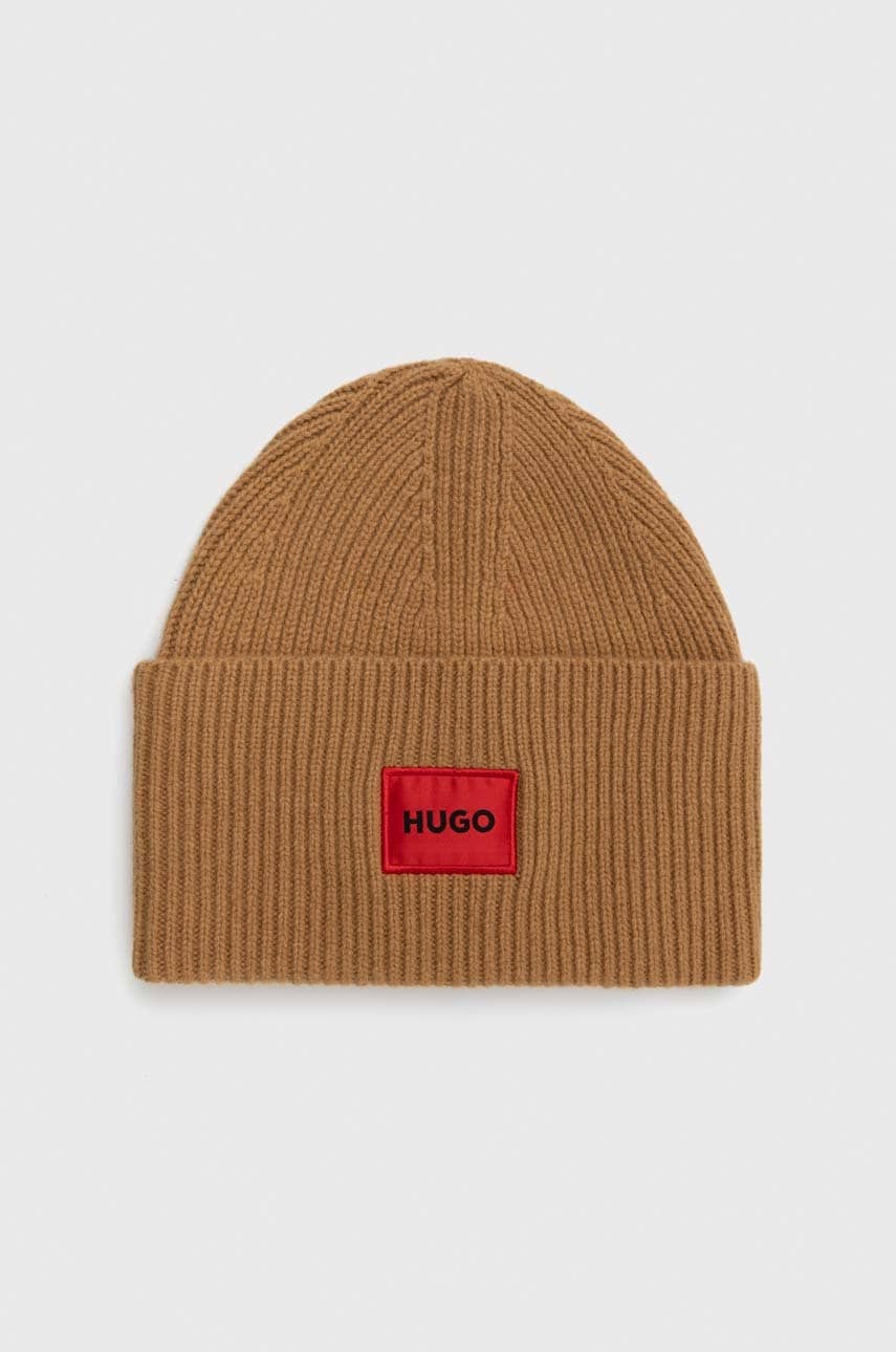 HUGO caciula de lana culoarea maro, de lana, din tricot gros