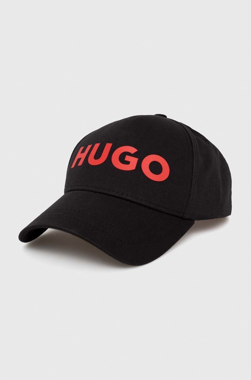 

Памучна шапка с козирка HUGO в черно с принт, Черен