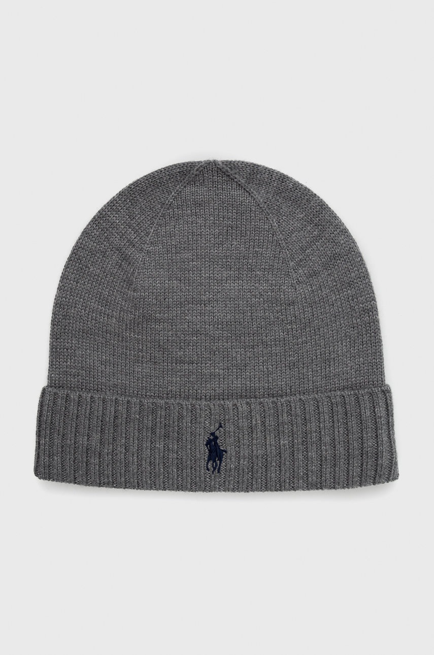 

Вълнена шапка Polo Ralph Lauren в сиво с фина плетка от вълна, Сив