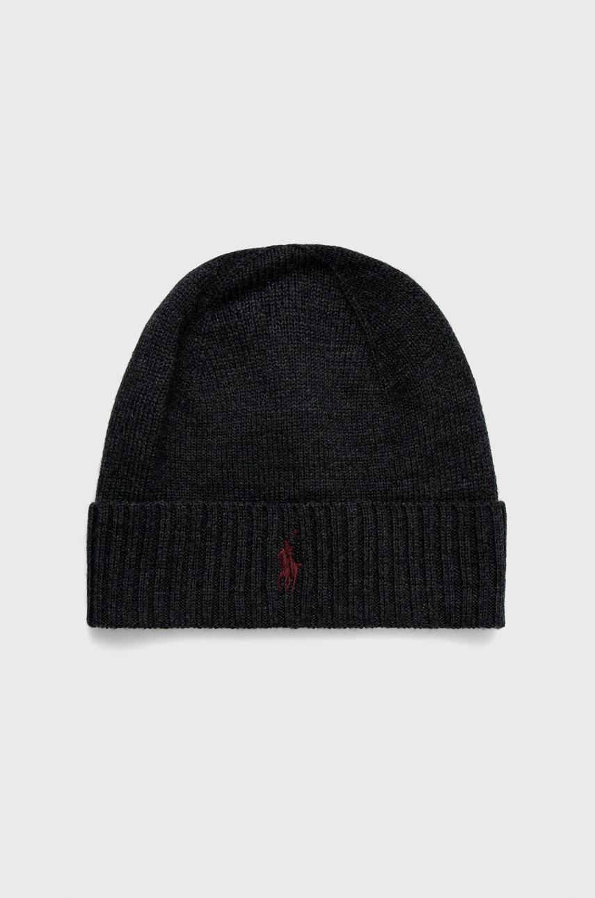 

Вълнена шапка Polo Ralph Lauren в сиво с фина плетка от вълна, Сив