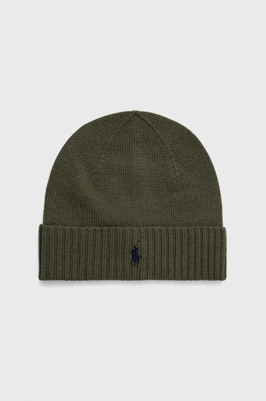 

Вълнена шапка Polo Ralph Lauren в зелено с фина плетка от вълна, Зелен