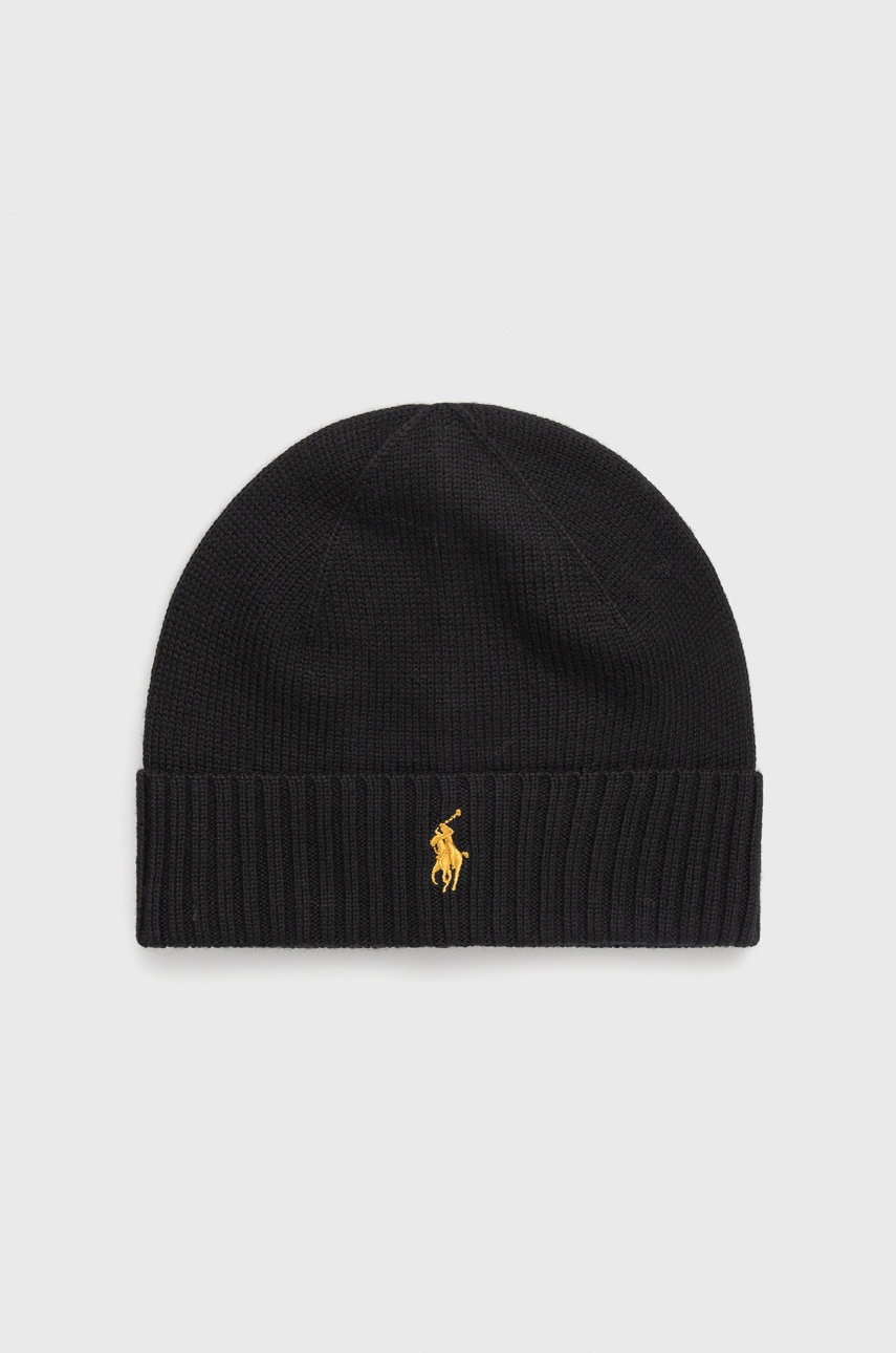 

Вълнена шапка Polo Ralph Lauren в черно с фина плетка от вълна, Черен