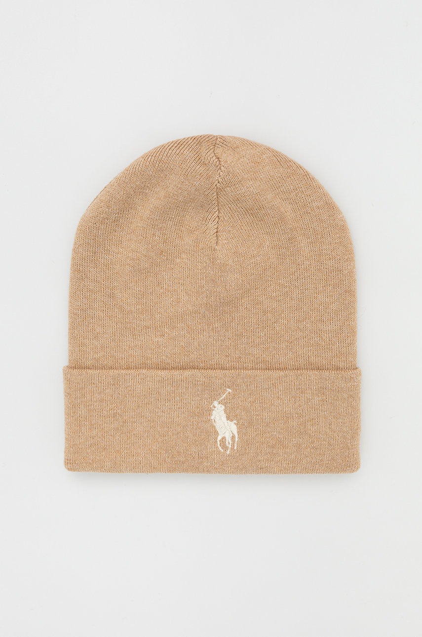 

Памучна шапка Polo Ralph Lauren в бежово с фина плетка от памук, Бежов