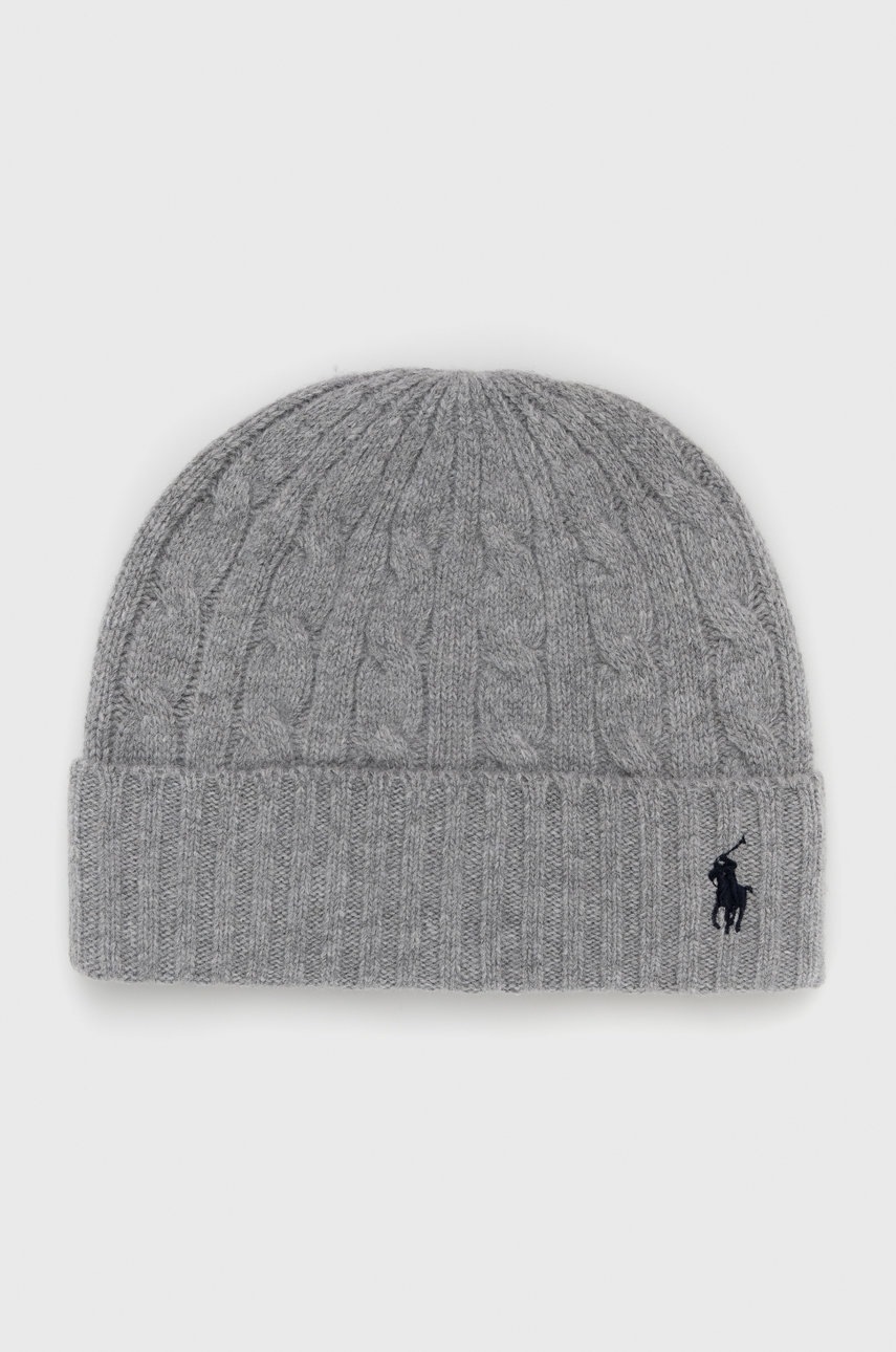 

Вълнена шапка Polo Ralph Lauren в сиво с фина плетка от вълна, Сив