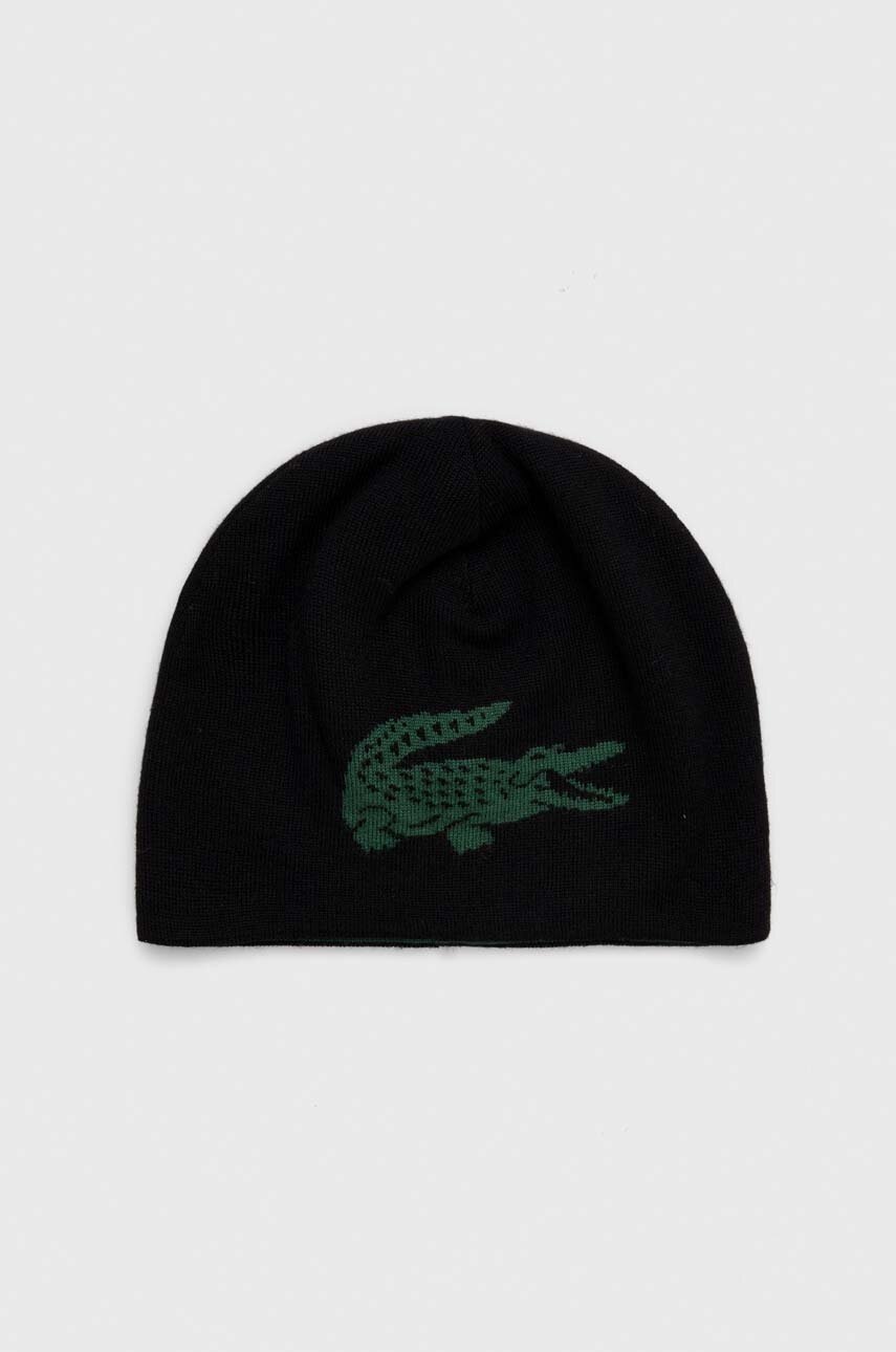 

Вълнена шапка с две лица Lacoste в черно с фина плетка от вълна, Черен