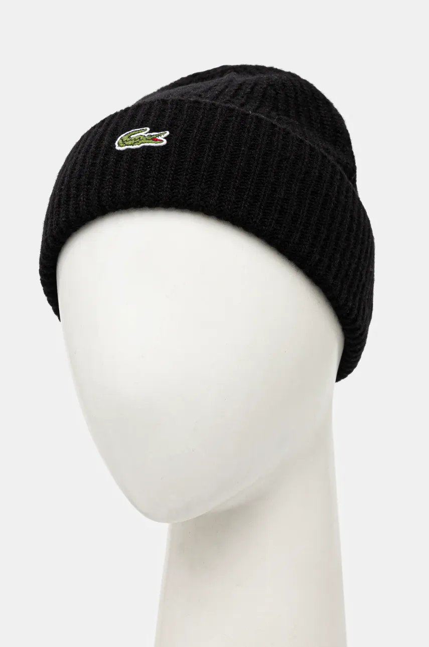 Шерстяная шапка Lacoste цвет чёрный из тонкого трикотажа шерсть Шерстяная шапка Lacoste цвет чёрный из тонкого трикотажа шерсть